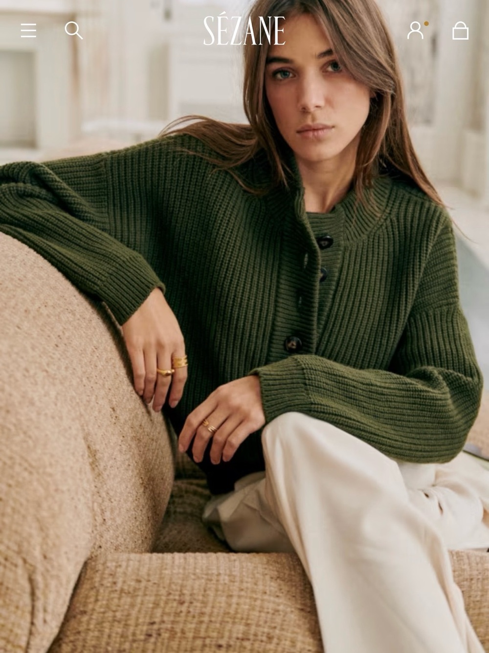 Sézane Olive Green Ribbed Button Cardigan - Picture 3 of 7